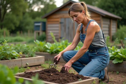 Femme en salopette en denim travaillant dans un jardin permaculture