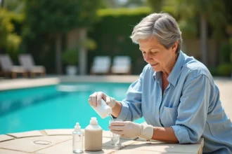 Femme versant de la javel dans un gobelet de test chimique au bord d'une piscine pour vérifier la compatibilité avec les produits piscine