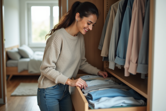 Jeune femme organisant un placard avec des vêtements pliés