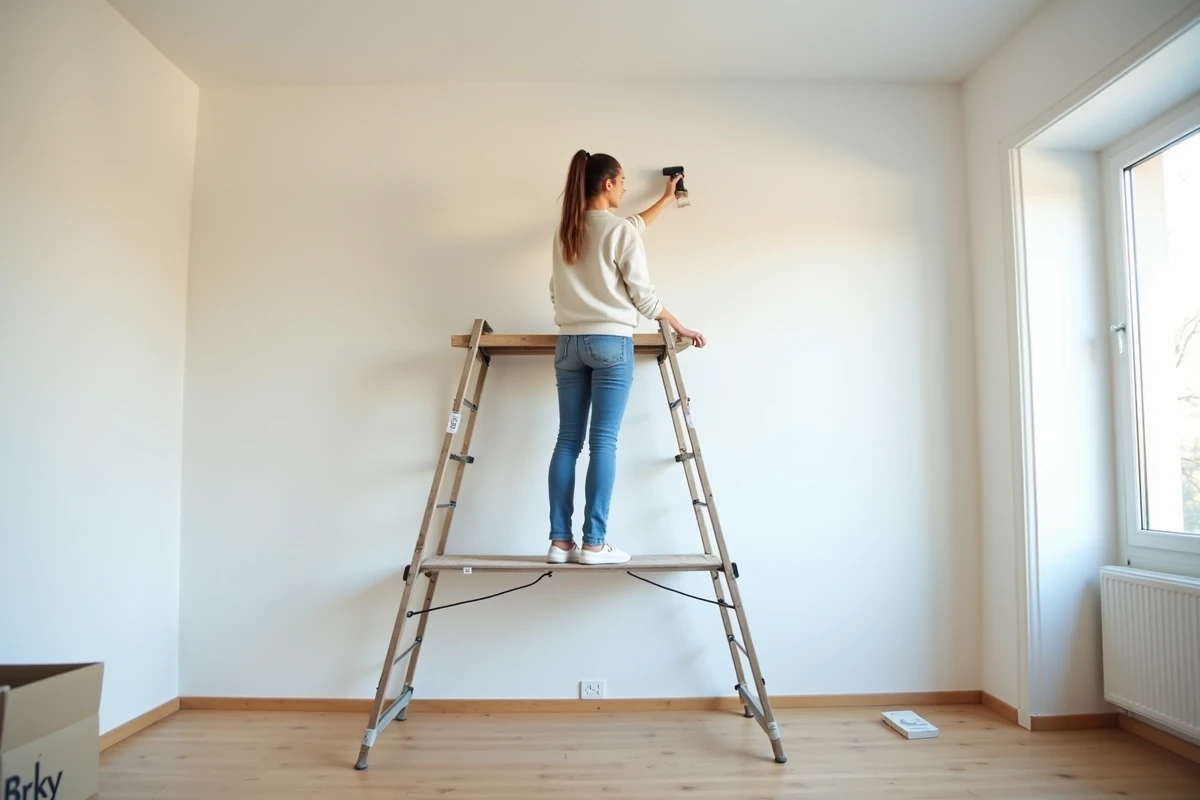 Jeune femme peint un mur dans une pi&egrave;ce r&eacute;nov&eacute;e
