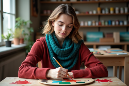 Jeune femme en studio peignant avec palette colorée