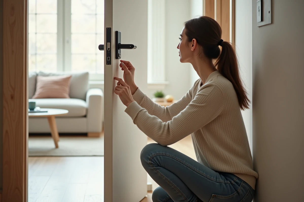 Jeune femme examinant un verrou multipoint &agrave; la porte d&rsquo;appartement