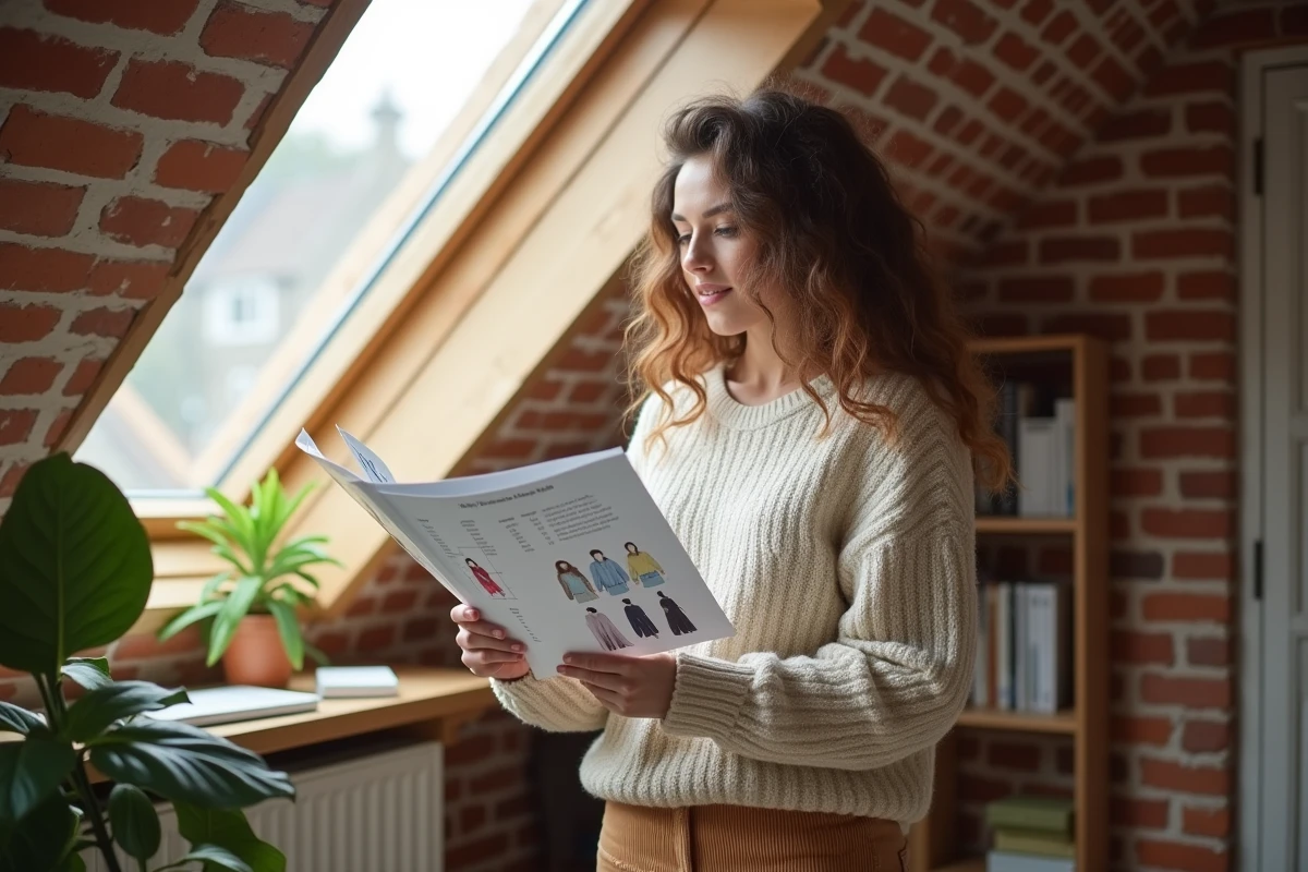 Jeune femme examinant un guide de taille devant une fenetre de toit