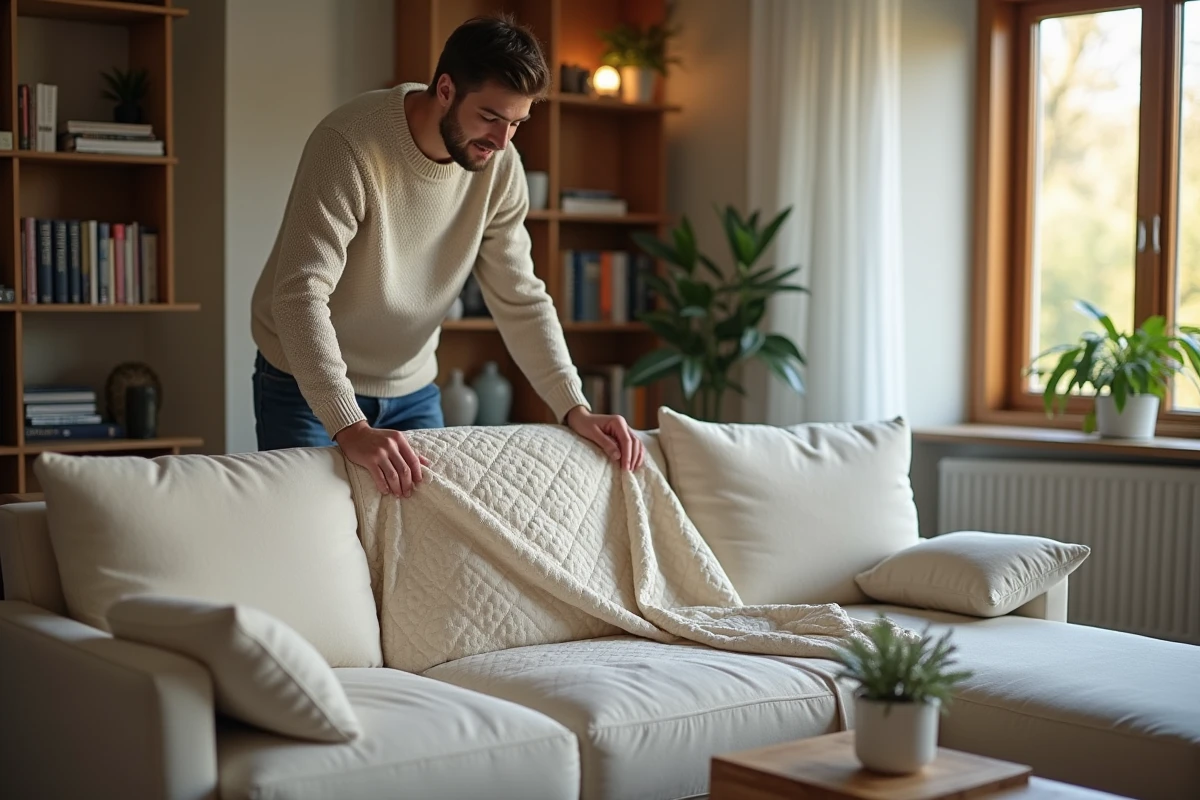 Jeune homme étendant une housse de clic clac sur un canapé dans le salon