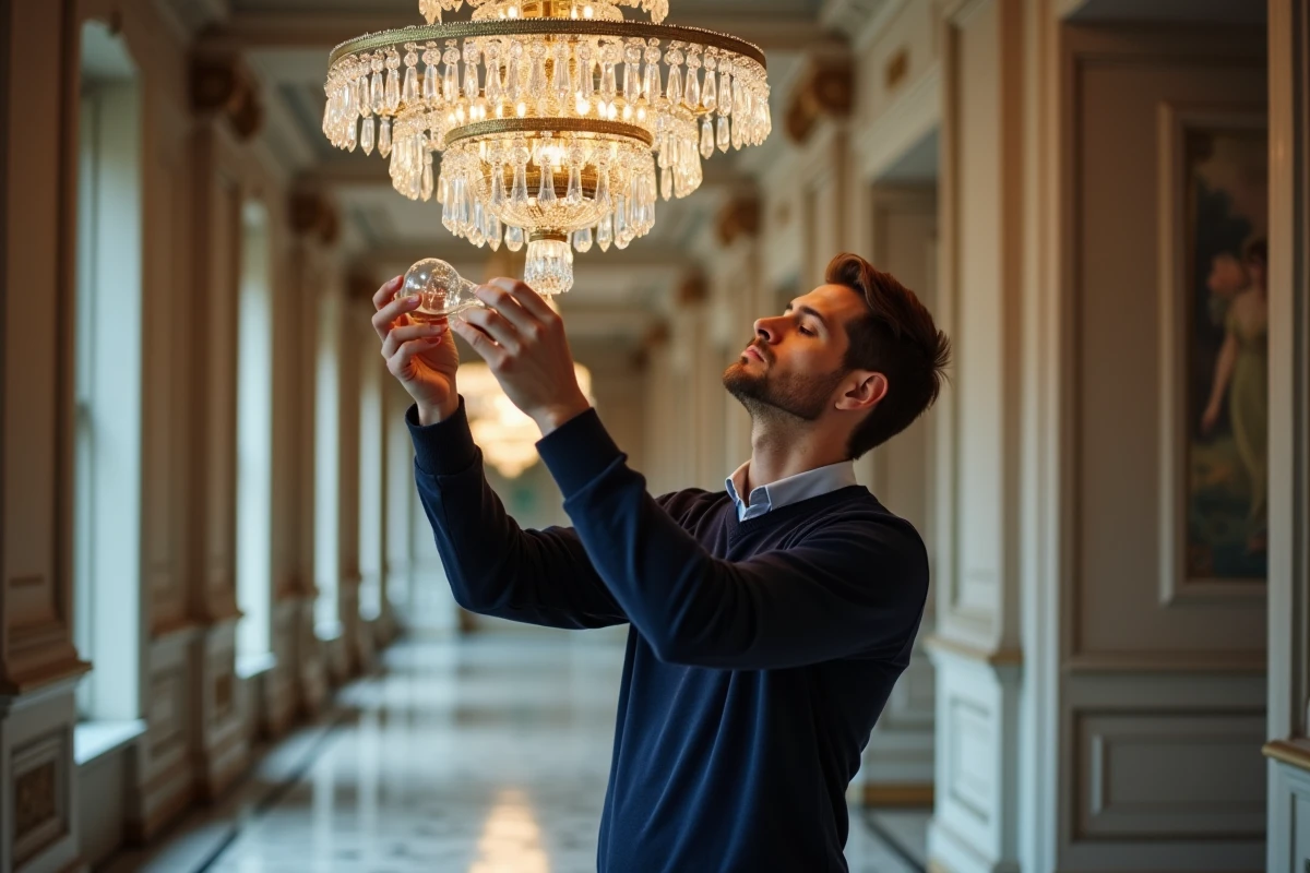 Jeune homme installant une ampoule dans un lustre en cristal