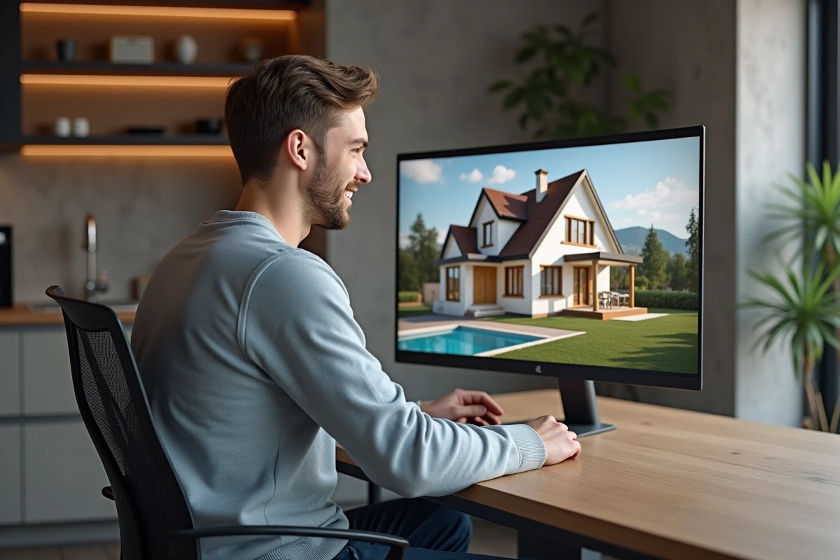 Jeune homme souriant utilisant un ordinateur pour visualiser des modèles 3D de maison