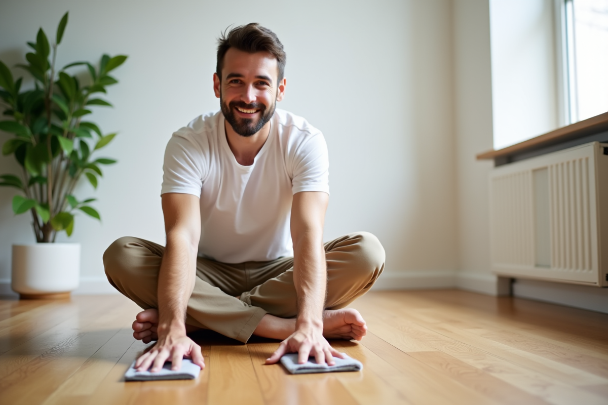 Jeune homme nettoyant les planches de parquet avec un chiffon