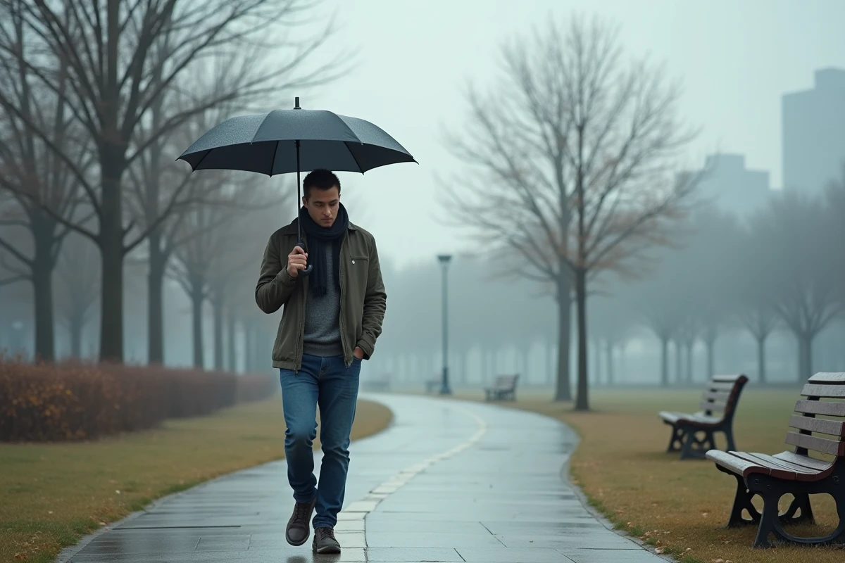 Jeune homme avec parapluie dans un parc automnal
