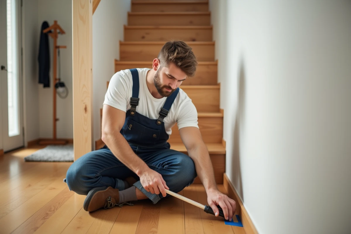 Jeune homme préparant un escalier en bois pour peindre