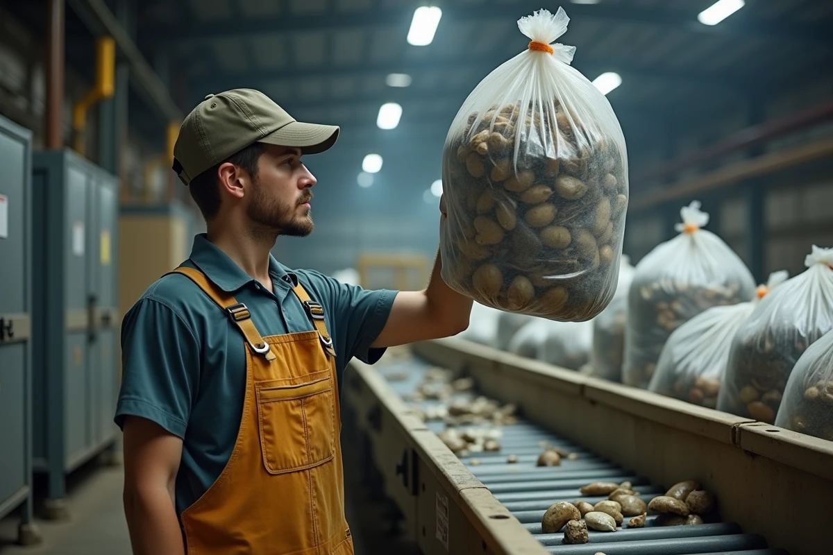Jeune homme dans une usine de tri des d&eacute;chets avec larves blanches