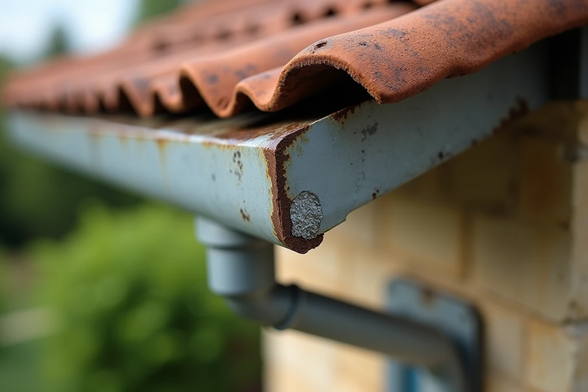 Gros plan sur un joint de soudure finalisé sur une gouttière en zinc avec patine d'oxydation visible