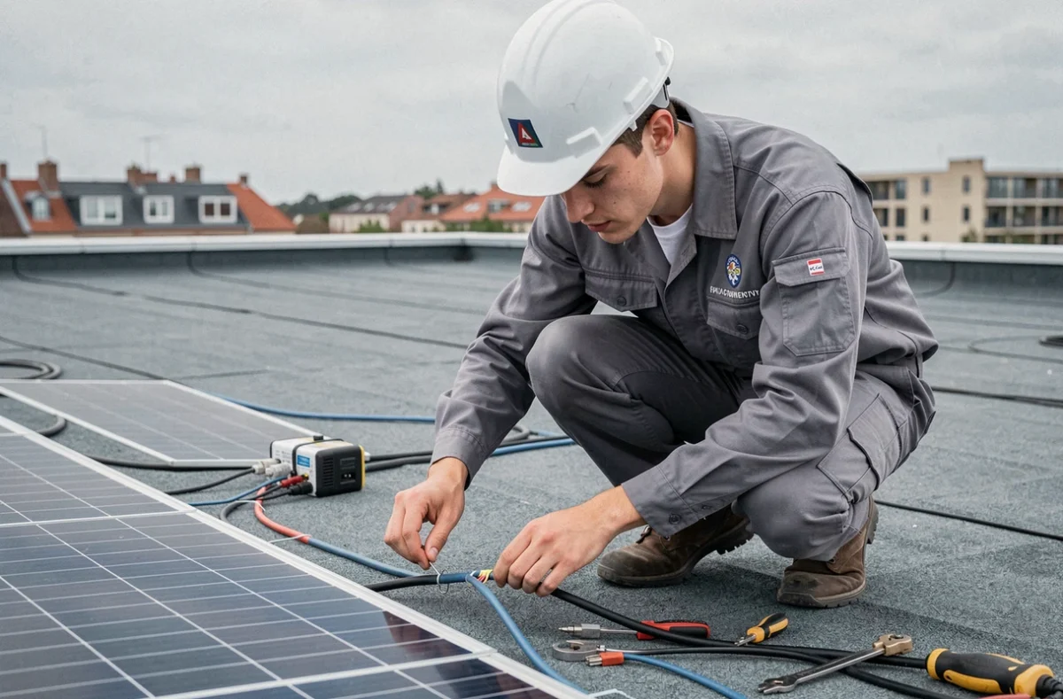 Technicien Kalceo connectant le câblage de panneaux photovoltaïques sur un toit plat moderne à Toulouse