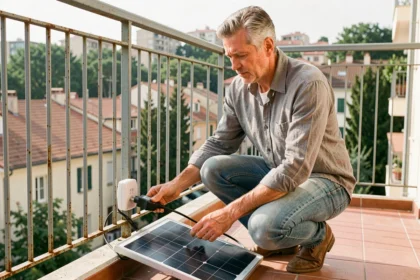 Homme connectant un kit solaire plug and play 3000W à une prise de courant sur un balcon d'appartement en milieu urbain