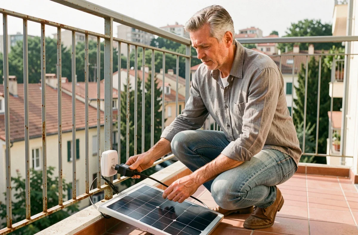 Homme connectant un kit solaire plug and play 3000W à une prise de courant sur un balcon d'appartement en milieu urbain