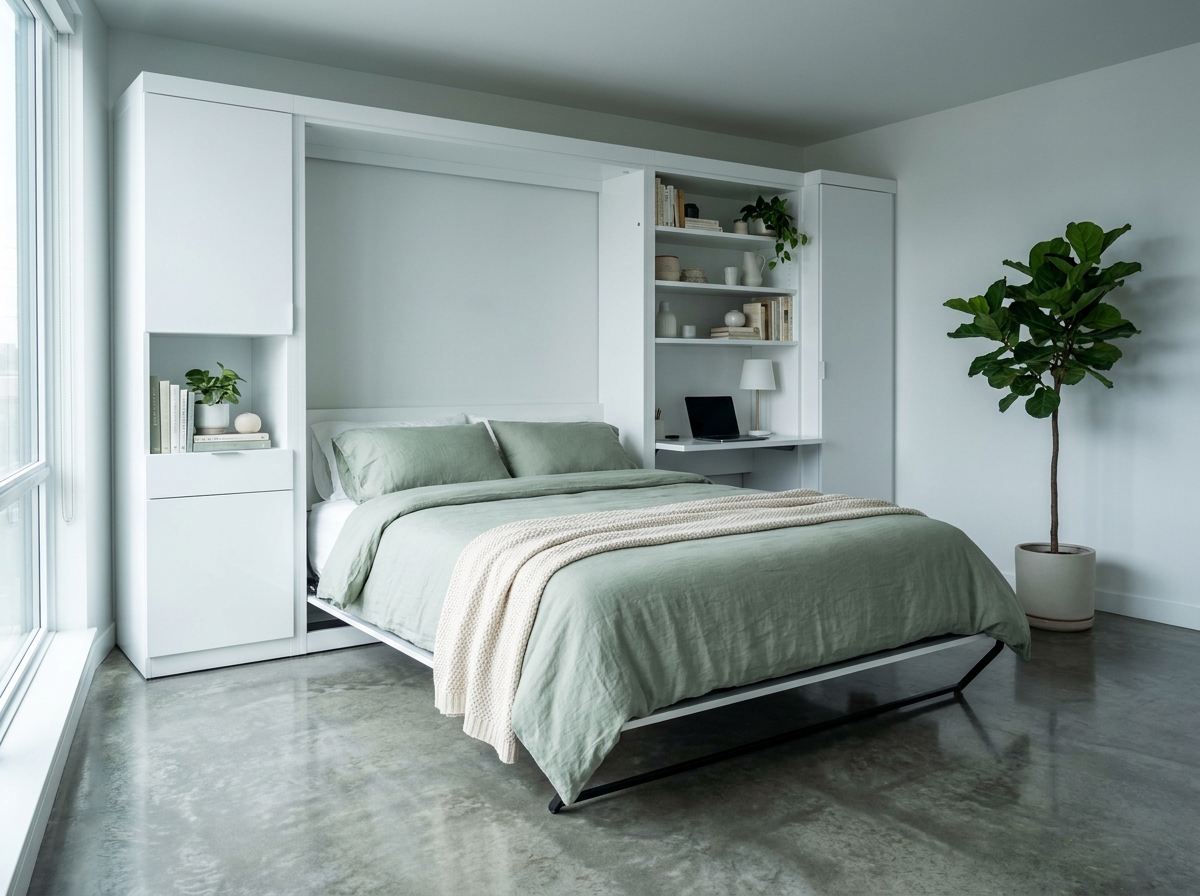 Lit escamotable Murphy intégré dans un meuble mural blanc dans une petite chambre urbaine avec bureau et rangements