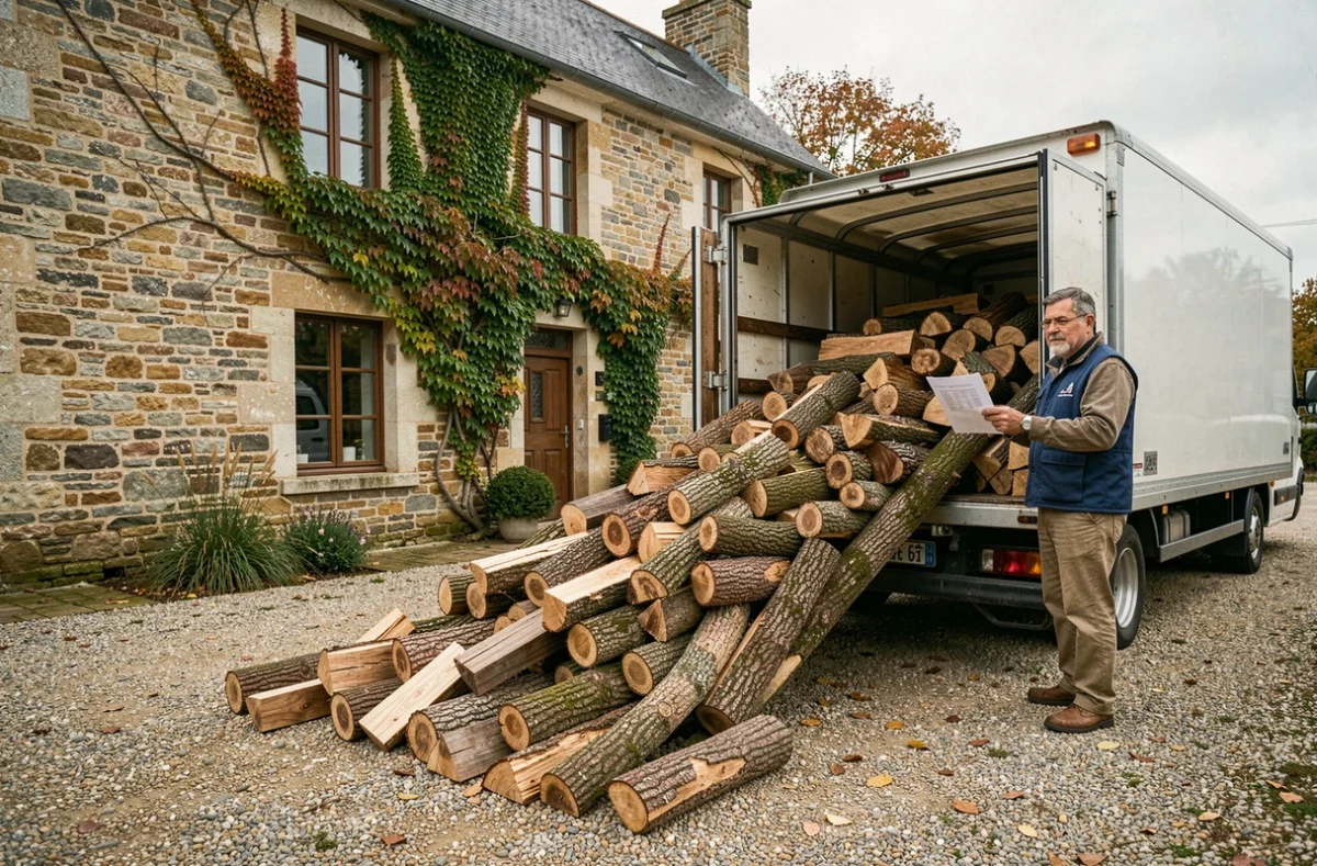 Livraison de bois de chauffage en vrac devant une ferme, contrôle du volume en mètres cubes à la réception