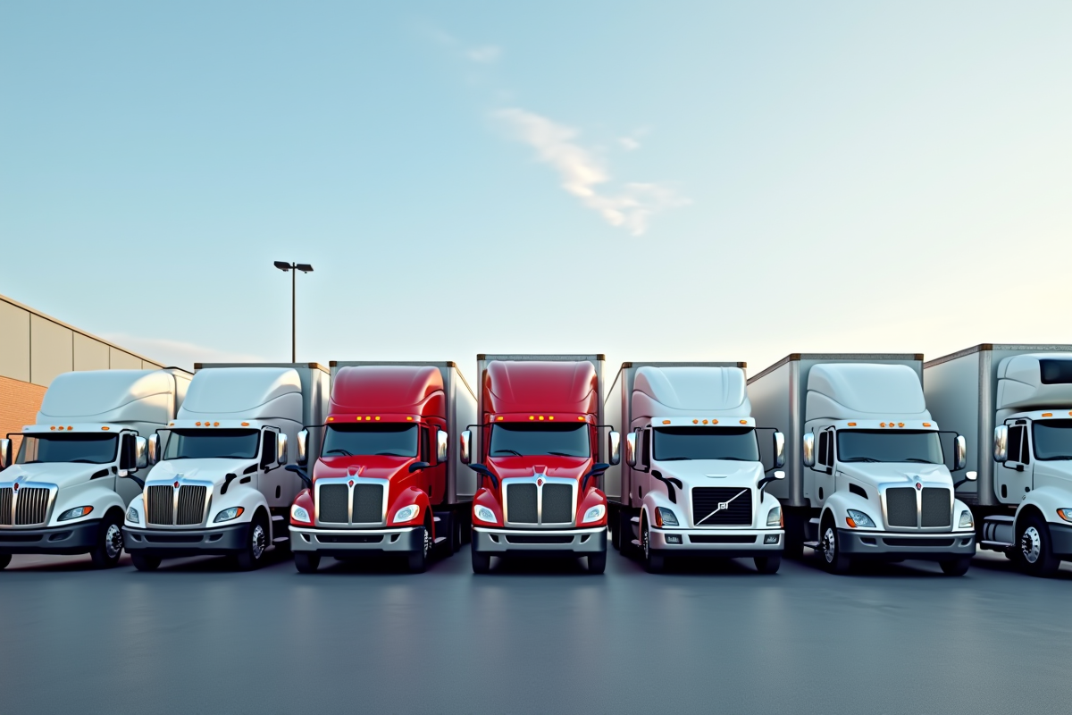 Plusieurs camions de déménagement de différentes tailles en rangée