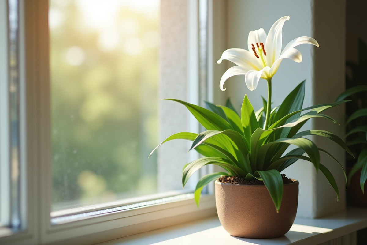 Lys blanc en pot sur une fenêtre lumineuse à l