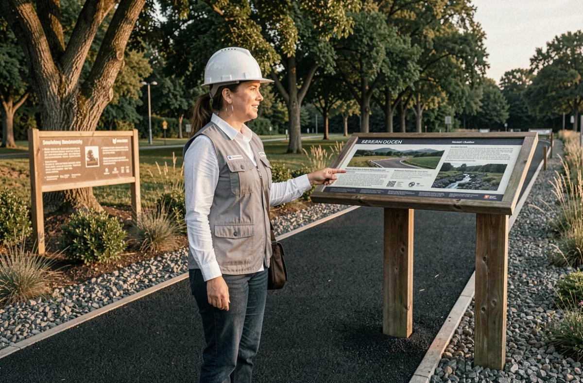 Consultante environnementale présentant un cheminement en mâchefer dans un parc urbain en réhabilitation écologique