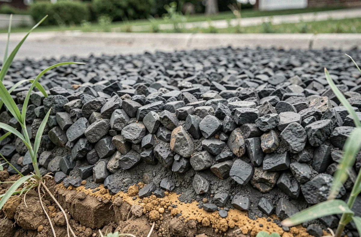 Gros plan sur une couche de mâchefer compacté utilisée comme base perméable pour une allée écologique
