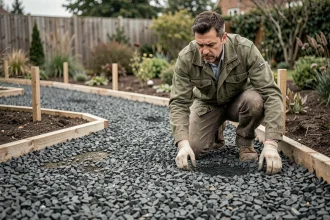 Paysagiste examinant du mâchefer étalé sur un chemin de jardin en cours d'aménagement écologique