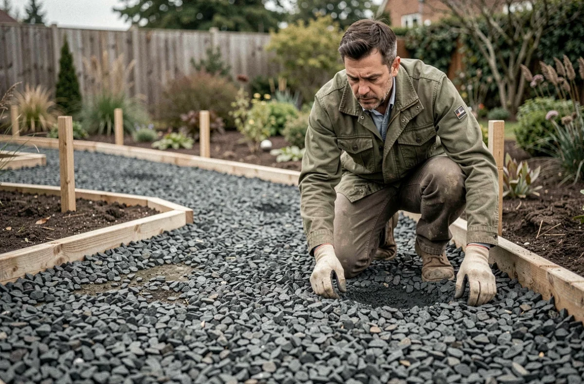 Paysagiste examinant du mâchefer étalé sur un chemin de jardin en cours d'aménagement écologique