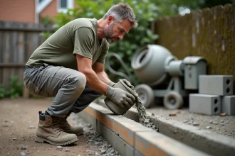 Maçon versant un mélange béton dosé dans un coffrage de muret en bois dans un jardin résidentiel