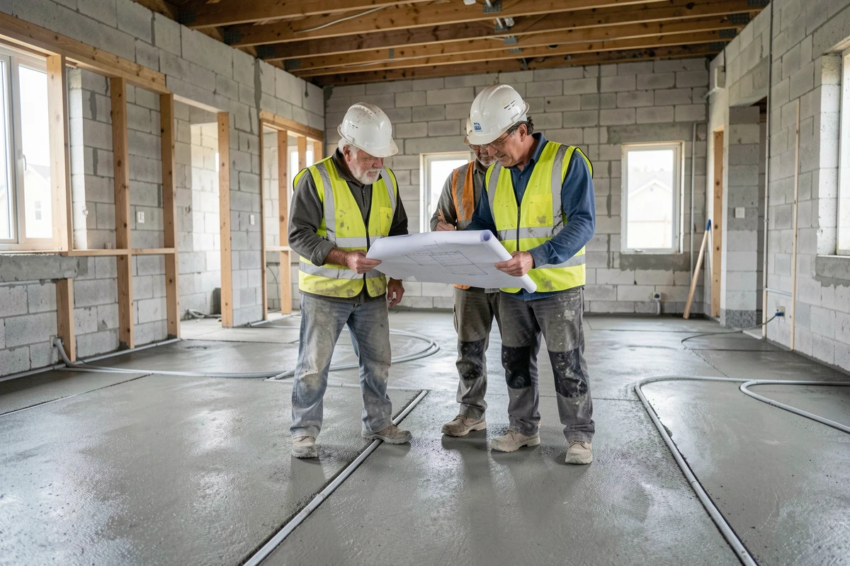 Deux maçons discutant des plans techniques devant un dallage en béton armé intérieur d'une maison individuelle en construction