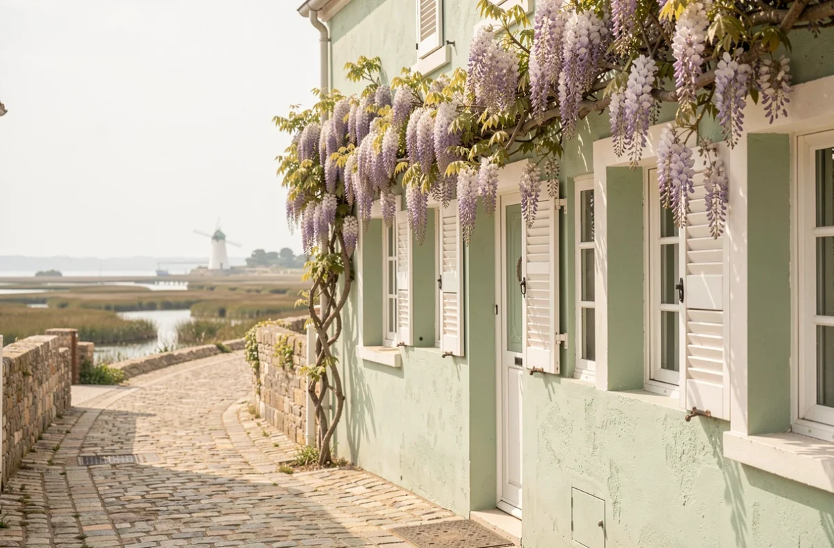 Maison de pêcheur colorée en vert sauge avec glycine fleurie dans une ruelle de l'Île de Ré