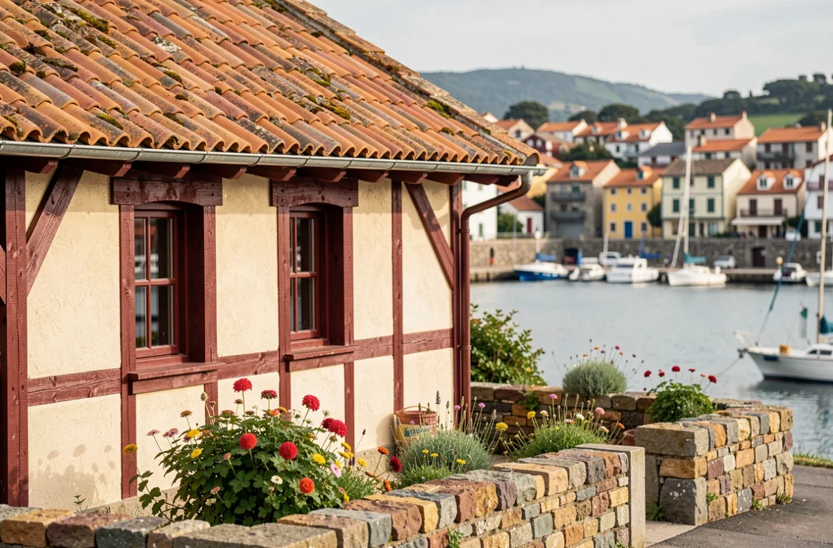 Maison de pêcheur basque avec poutres rouges et toiture en tuiles face au port de Saint-Jean-de-Luz