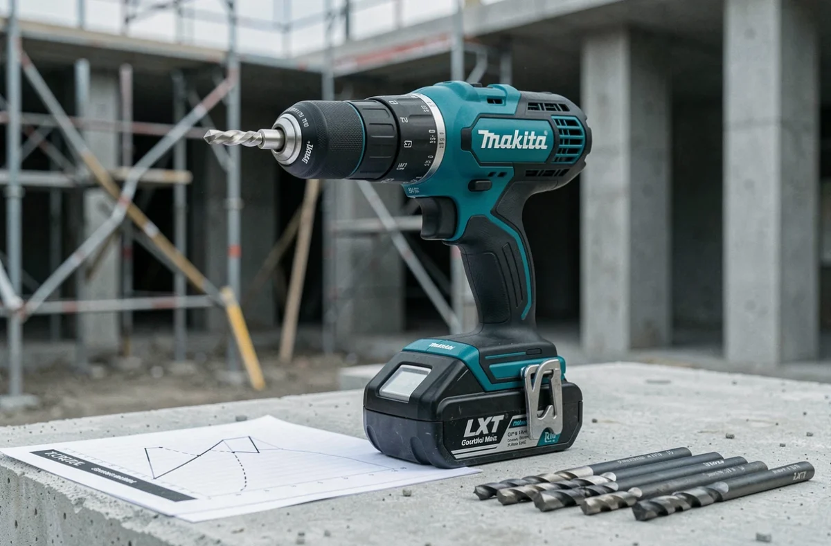 Visseuse Makita teal avec batterie LXT posée sur chantier de construction avec forets professionnels