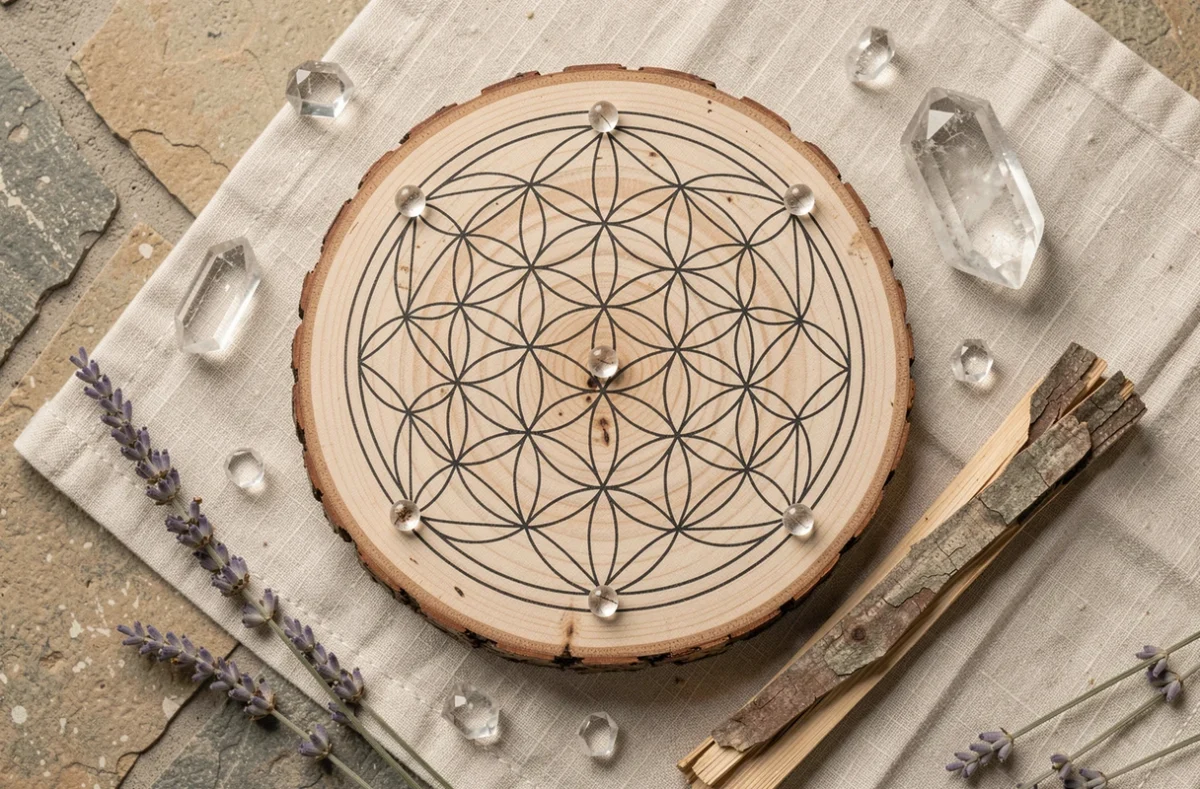 Vue aérienne d'un mandala Fleur de Vie sur tranche de bois entouré de cristaux de quartz et de bâtons de palo santo pour la consécration énergétique