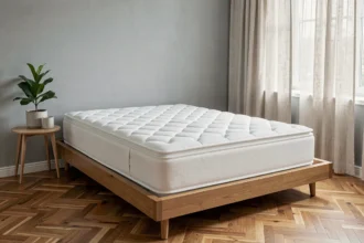 Matelas Simmons Lotus posé sur un cadre de lit en bois dans une chambre moderne au style scandinave épuré