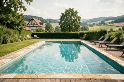 Piscine extérieure haut de gamme dans une propriété du Grand Est avec paysage alsacien en arrière-plan