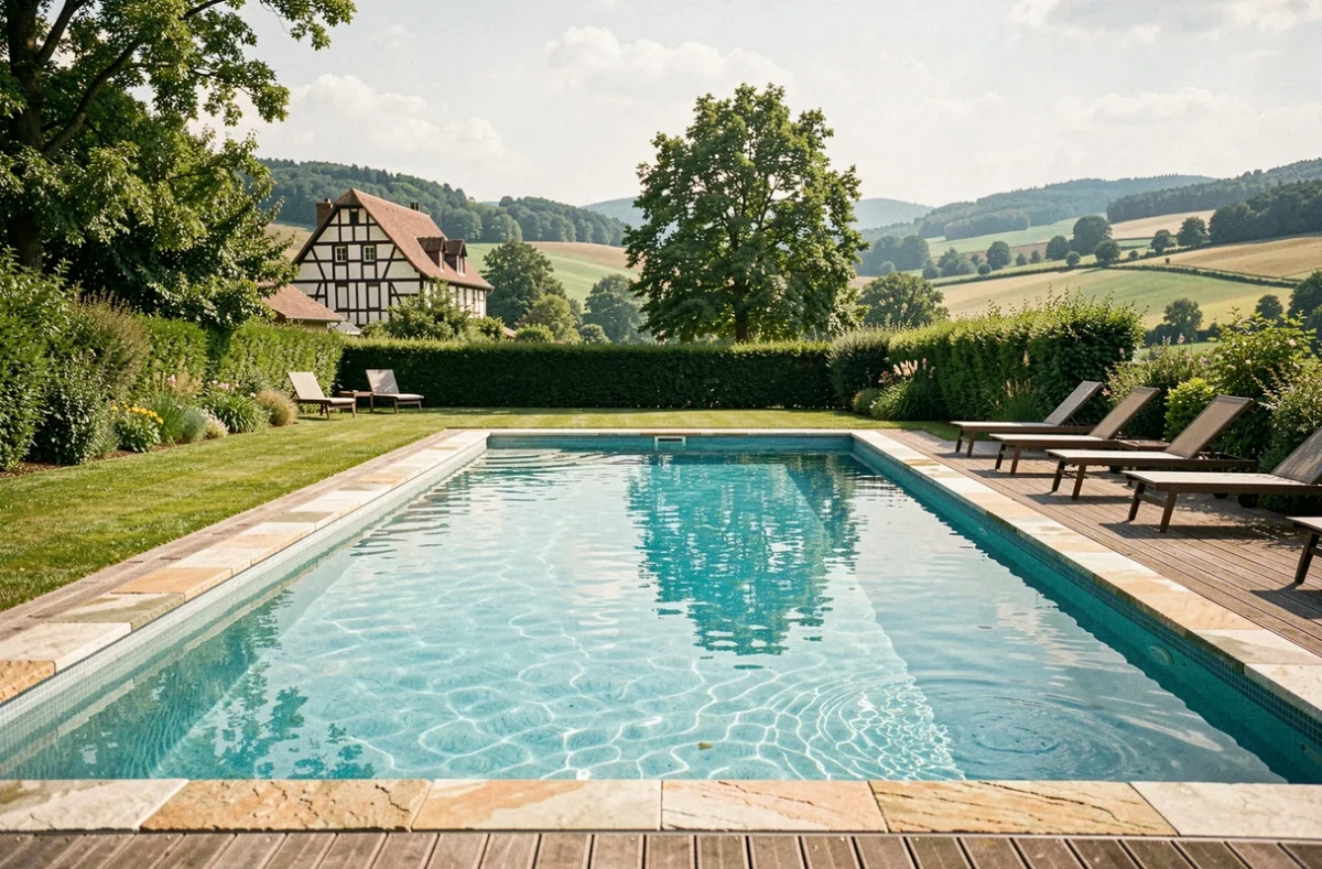 Piscine extérieure haut de gamme dans une propriété du Grand Est avec paysage alsacien en arrière-plan
