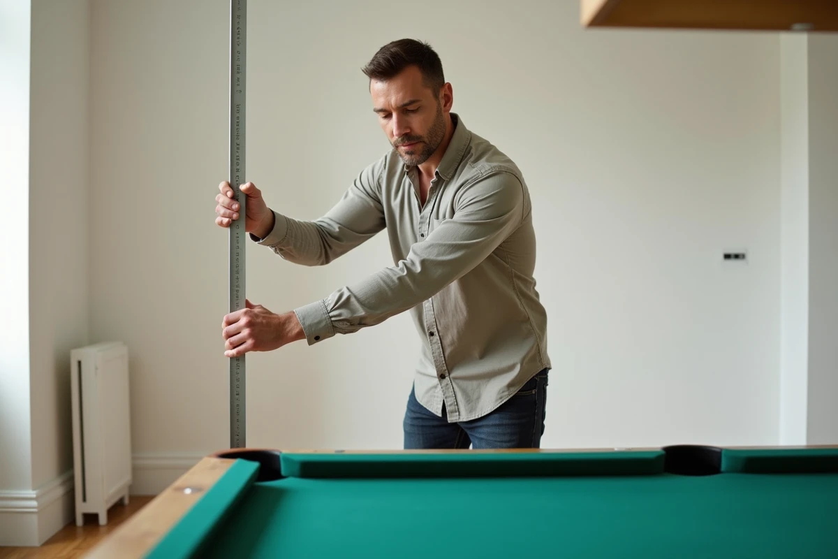 Homme mesurant l'espace autour d'un billard américain dans une salle de jeux moderne pour vérifier les dimensions requises