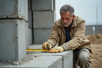 Ouvrier mesurant un parpaing avec un mètre ruban sur un chantier de construction