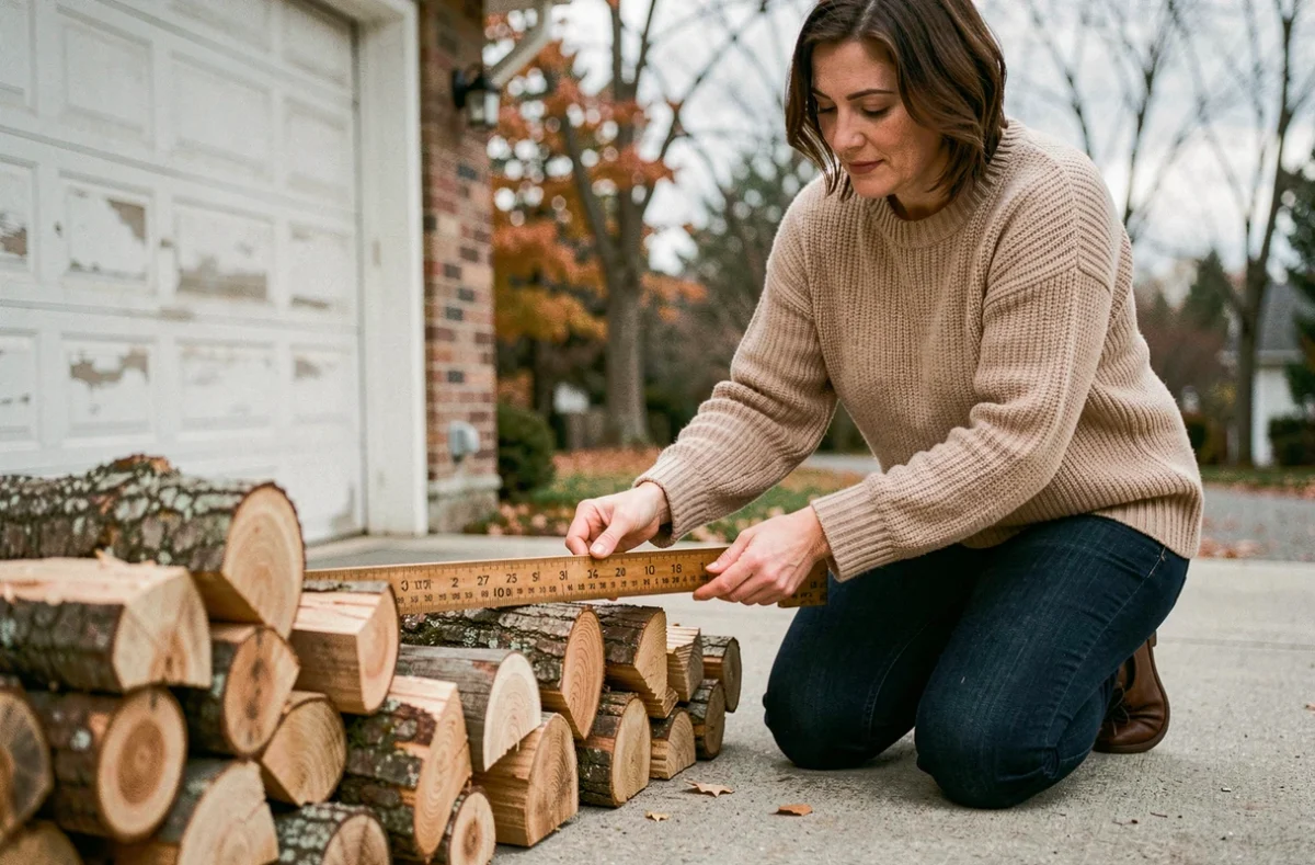 Femme mesurant une stère de bois de chauffage avec une règle pour vérifier le prix au mètre cube