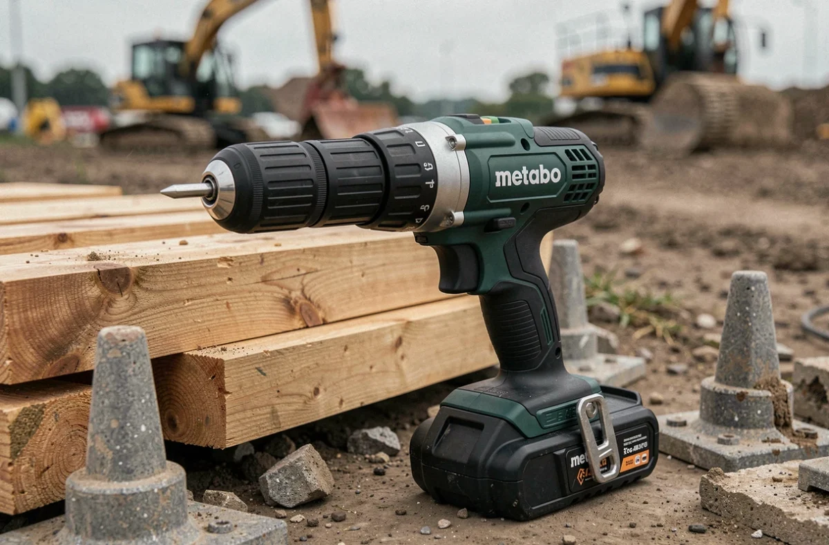 Visseuse Metabo vert foncé avec grande batterie haute capacité posée sur chantier extérieur avec bois et chevilles de maçonnerie