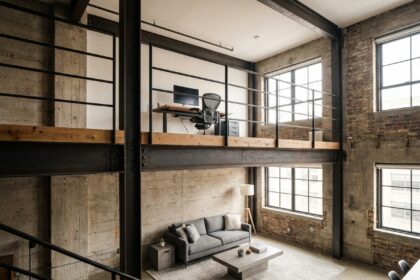 Mezzanine industrielle en acier installée dans un loft avec espace bureau en hauteur et salon en dessous