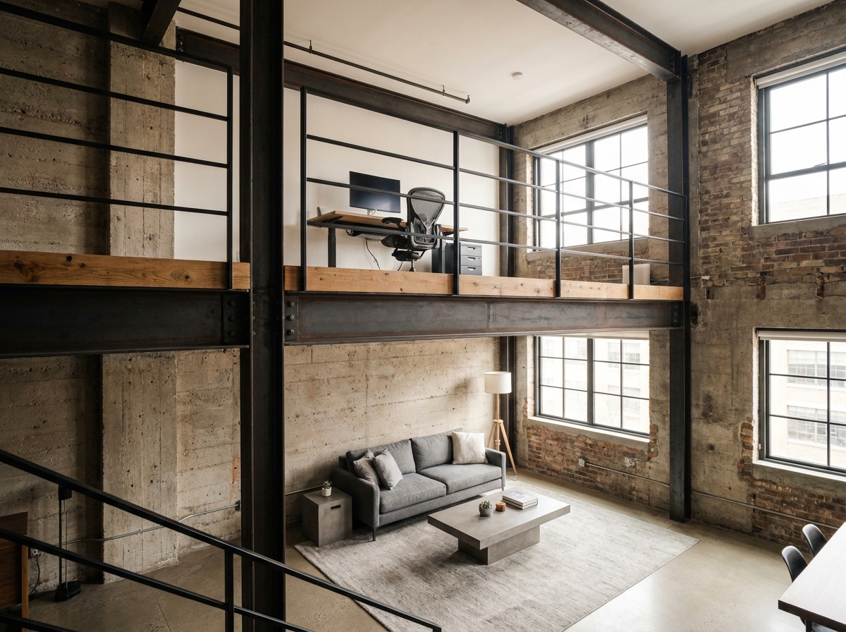Mezzanine industrielle en acier installée dans un loft avec espace bureau en hauteur et salon en dessous