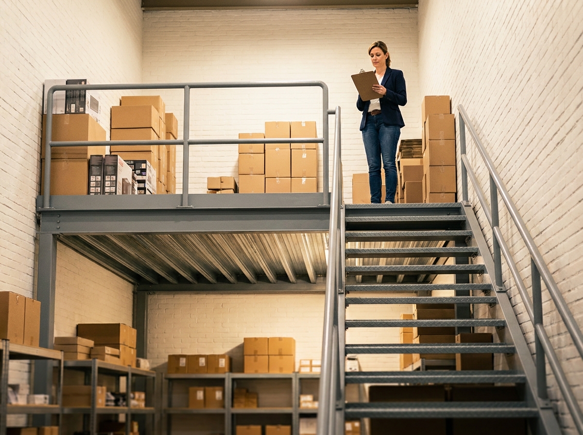 Mezzanine sur mesure dans un local commercial avec escalier métallique et femme consultant ses stocks en hauteur
