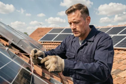 Électricien connectant un câble de mise à la terre sur un panneau solaire en toiture résidentielle