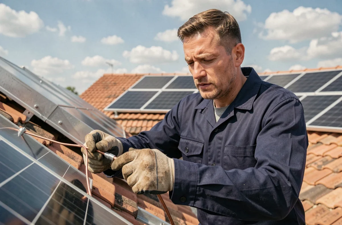 Électricien connectant un câble de mise à la terre sur un panneau solaire en toiture résidentielle