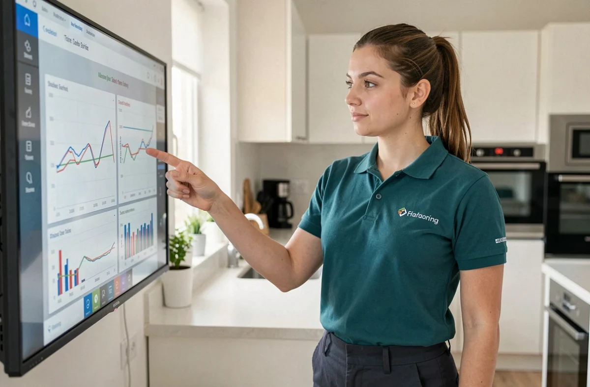 Conseillère Monabee expliquant les données de production solaire sur un écran de monitoring dans une cuisine moderne à Toulouse