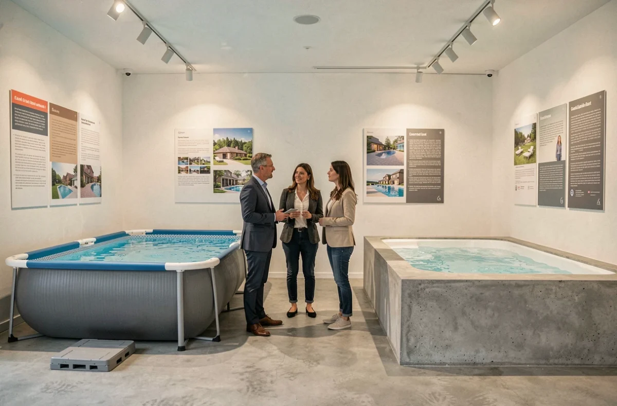 Showroom Mondial Piscine dans le Grand Est présentant des modèles de piscines coques et béton avec un conseiller