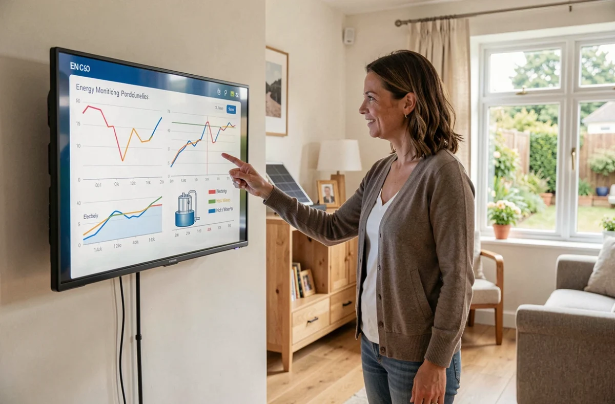 Femme consultant l'écran de monitoring énergétique d'un système de panneaux solaires hybrides dans un intérieur moderne, affichant production électrique et eau chaude