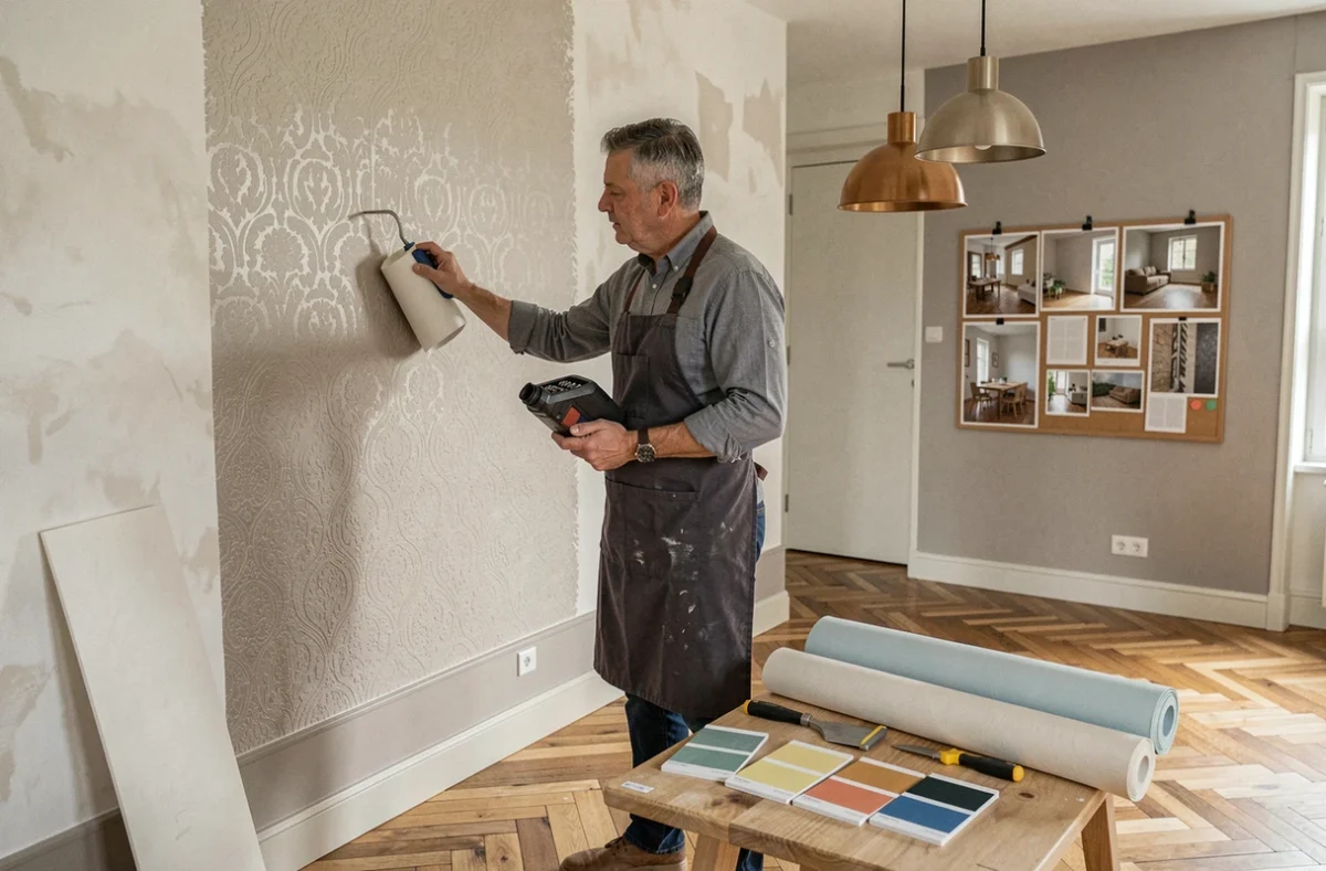 Artisan Mur Design by Ambiance posant un revêtement mural décoratif dans un appartement à Clermont-Ferrand