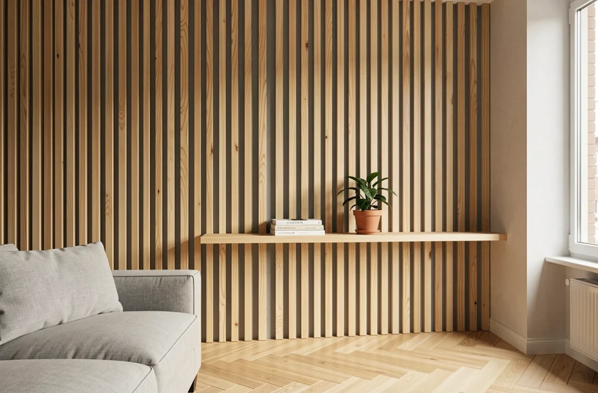 Mur en latte bois finition chêne clair monté sur placo dans un salon au style scandinave moderne