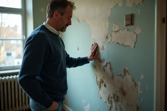 Homme touchant un mur humide avec moisissure dans un salon